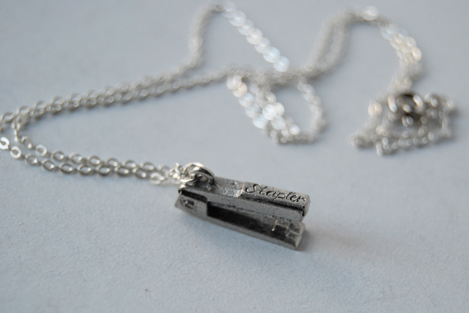 Pewter Stapler Necklace | Stapler Charm Necklace | The Office Jewelry - Enchanted Leaves - Nature Jewelry - Unique Handmade Gifts