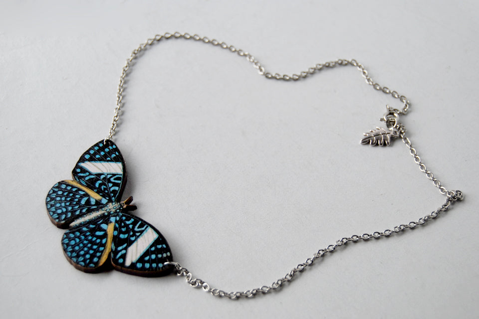 Starry Night Butterfly Necklace | Blue Butterfly Pendant | Woodland Butterfly Jewelry - Enchanted Leaves - Nature Jewelry - Unique Handmade Gifts