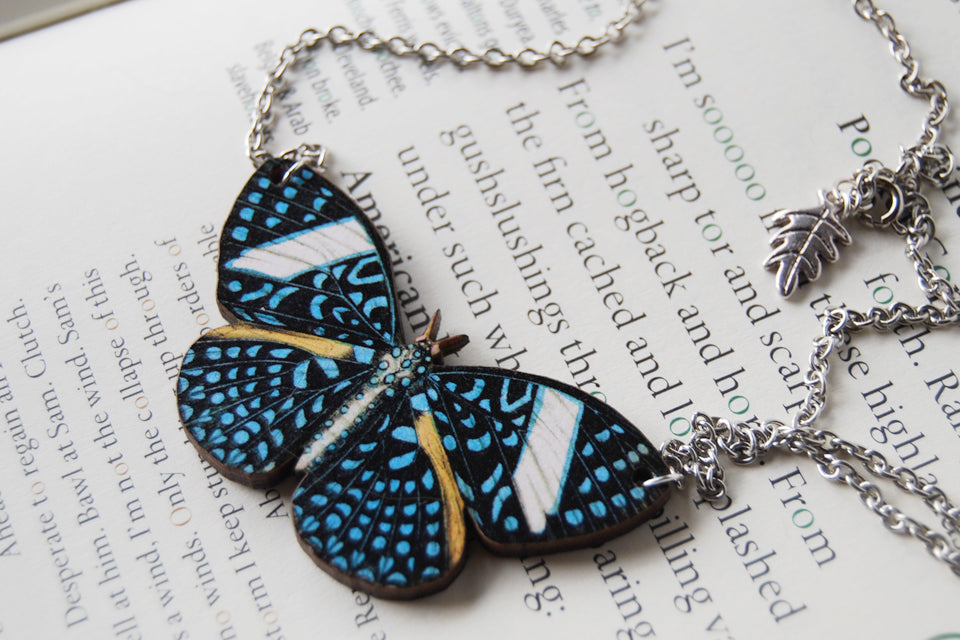 Starry Night Butterfly Necklace | Blue Butterfly Pendant | Woodland Butterfly Jewelry - Enchanted Leaves - Nature Jewelry - Unique Handmade Gifts