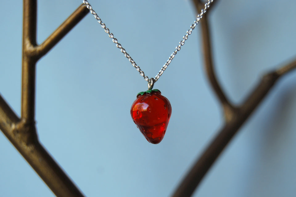 California Strawberry Necklace | Red Strawberry Charm Jewelry | Fruit Necklace - Enchanted Leaves - Nature Jewelry - Unique Handmade Gifts