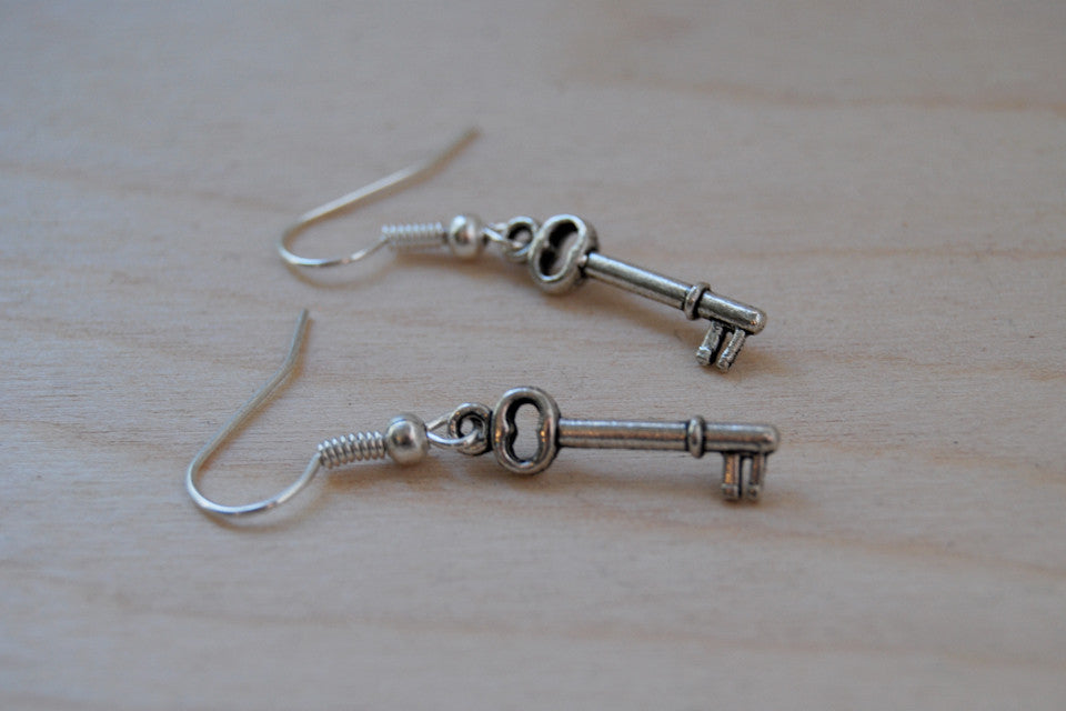 Tiny Skeleton Key Earrings - Enchanted Leaves - Nature Jewelry - Unique Handmade Gifts