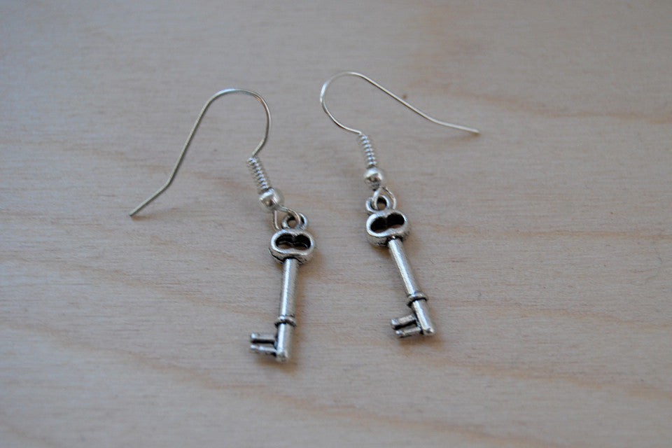 Tiny Skeleton Key Earrings - Enchanted Leaves - Nature Jewelry - Unique Handmade Gifts