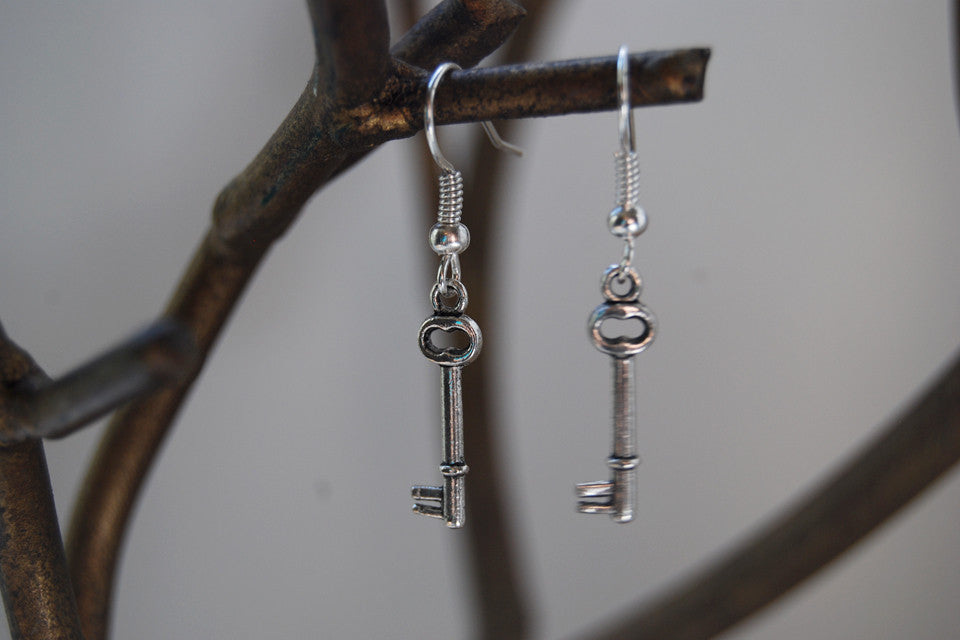 Tiny Skeleton Key Earrings - Enchanted Leaves - Nature Jewelry - Unique Handmade Gifts