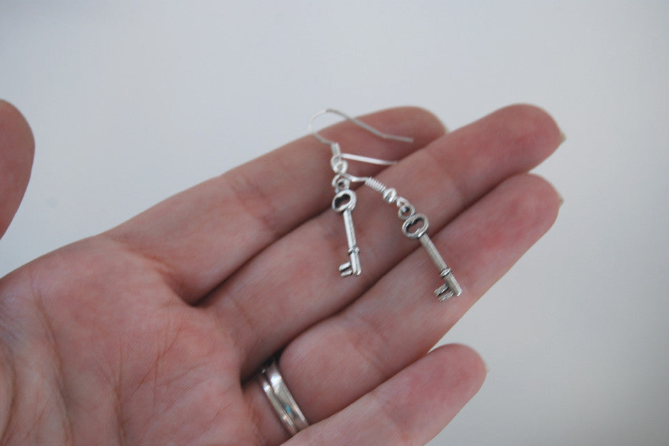 Tiny Skeleton Key Earrings - Enchanted Leaves - Nature Jewelry - Unique Handmade Gifts