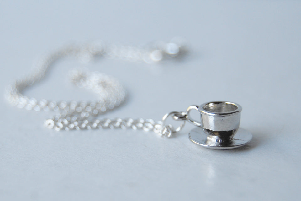 Little Tea Cup and Saucer Necklace | Teacup Charm Necklace | Cute Miniature Jewelry - Enchanted Leaves - Nature Jewelry - Unique Handmade Gifts