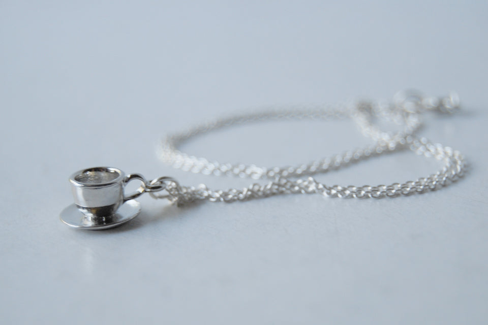 Little Tea Cup and Saucer Necklace | Teacup Charm Necklace | Cute Miniature Jewelry - Enchanted Leaves - Nature Jewelry - Unique Handmade Gifts