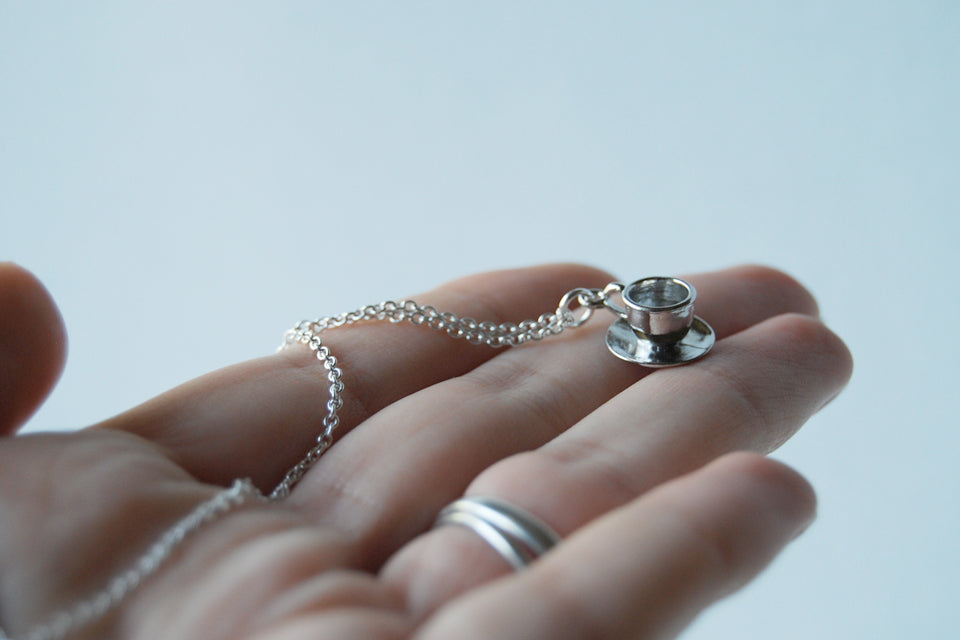 Little Tea Cup and Saucer Necklace | Teacup Charm Necklace | Cute Miniature Jewelry - Enchanted Leaves - Nature Jewelry - Unique Handmade Gifts