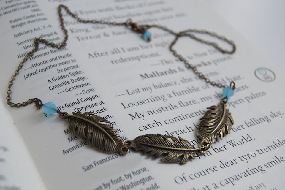 Triple Brass Feather Necklace - Enchanted Leaves - Nature Jewelry - Unique Handmade Gifts
