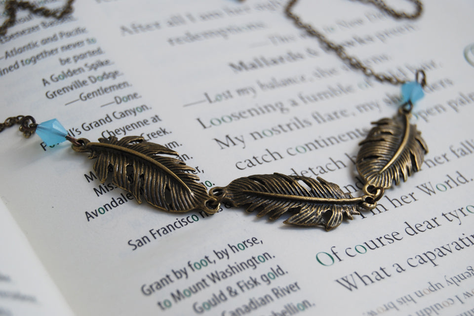 Triple Brass Feather Necklace - Enchanted Leaves - Nature Jewelry - Unique Handmade Gifts