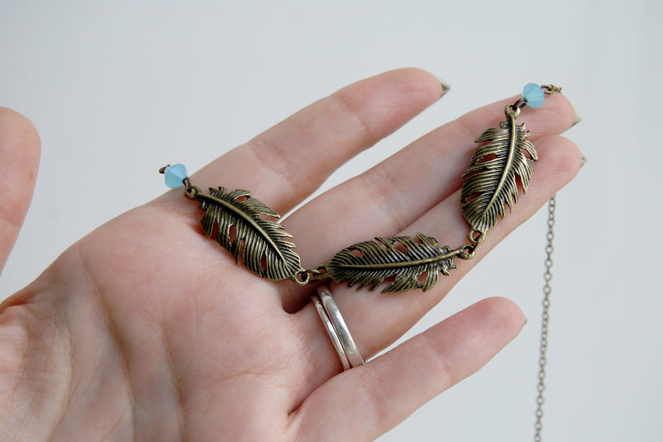 Triple Brass Feather Necklace - Enchanted Leaves - Nature Jewelry - Unique Handmade Gifts