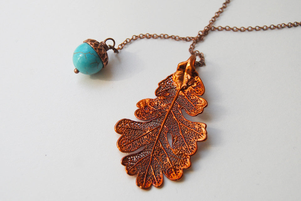 Copper Acorn and Oak Leaf Lariat | Autumn Jewelry | Electroformed Necklace | Fall Leaf Necklace - Enchanted Leaves - Nature Jewelry - Unique Handmade Gifts