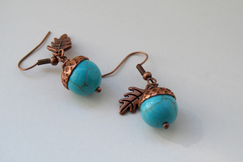 Copper Acorn Earrings | Pearl or Gemstone Acorn Charm Earrings | Fall Earrings | Nature Jewelry - Enchanted Leaves - Nature Jewelry - Unique Handmade Gifts