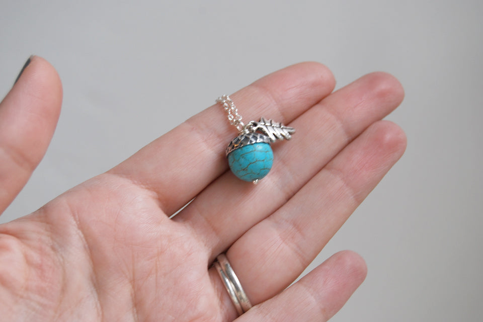 Turquoise and Silver Acorn Necklace - Enchanted Leaves - Nature Jewelry - Unique Handmade Gifts