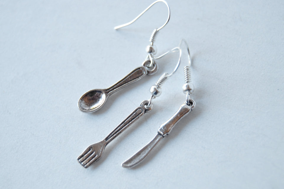 Bon Appétit Earrings | Utensil Set Earrings | Spoon Fork and Knife Charm - Enchanted Leaves - Nature Jewelry - Unique Handmade Gifts