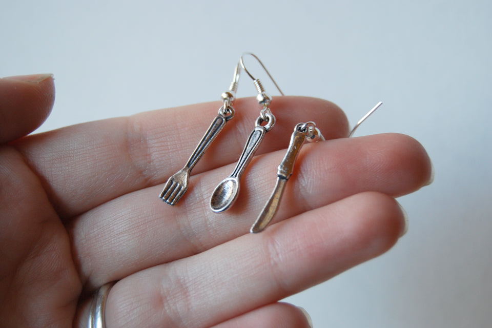 Bon Appétit Earrings | Utensil Set Earrings | Spoon Fork and Knife Charm - Enchanted Leaves - Nature Jewelry - Unique Handmade Gifts