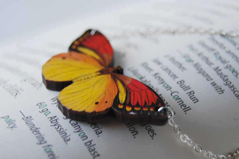 Vibrant Yellow Butterfly Necklace | Wooden Butterfly Pendant | Woodland Insect Butterfly Art Jewelry - Enchanted Leaves - Nature Jewelry - Unique Handmade Gifts