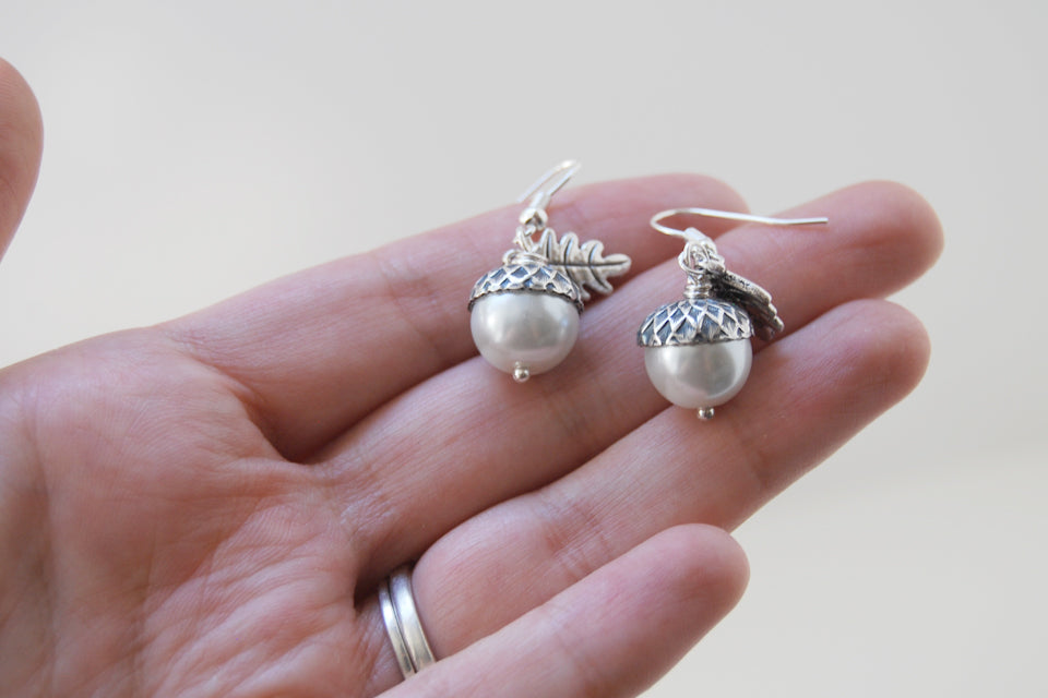 Silver Acorn Earrings | Pearl or Gemstone Acorn Charm Earrings | Fall Acorn Earrings - Enchanted Leaves - Nature Jewelry - Unique Handmade Gifts