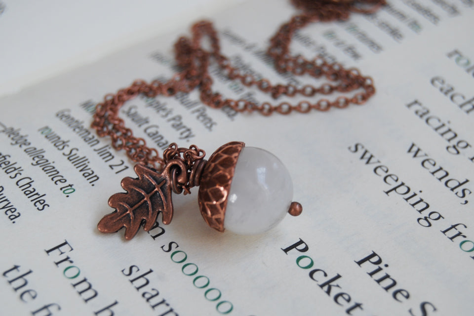 White Moonstone and Copper Acorn Necklace - Enchanted Leaves - Nature Jewelry - Unique Handmade Gifts