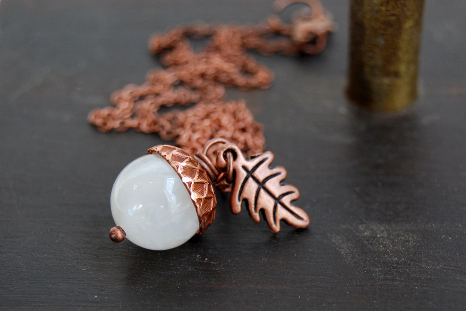 White Moonstone and Copper Acorn Necklace - Enchanted Leaves - Nature Jewelry - Unique Handmade Gifts