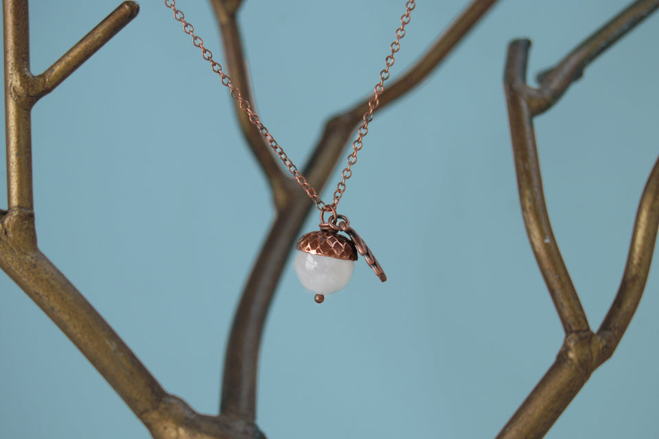 White Moonstone and Copper Acorn Necklace - Enchanted Leaves - Nature Jewelry - Unique Handmade Gifts