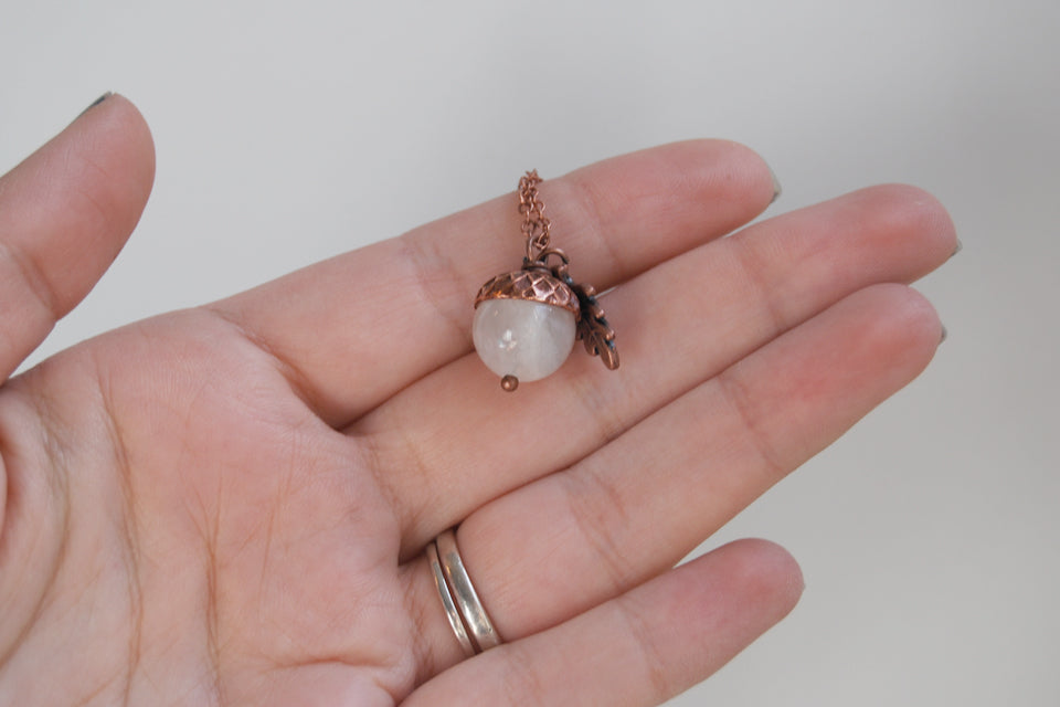 White Moonstone and Copper Acorn Necklace - Enchanted Leaves - Nature Jewelry - Unique Handmade Gifts