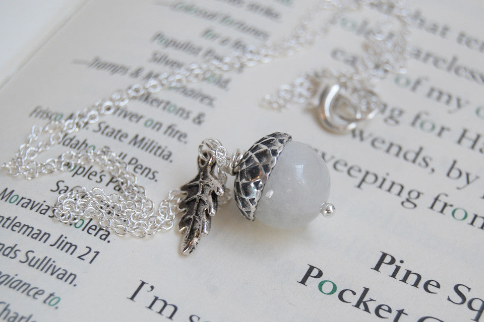 White Moonstone and Silver Acorn Necklace - Enchanted Leaves - Nature Jewelry - Unique Handmade Gifts