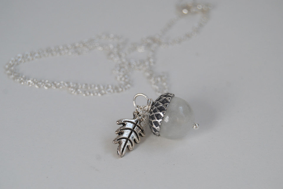White Moonstone and Silver Acorn Necklace - Enchanted Leaves - Nature Jewelry - Unique Handmade Gifts