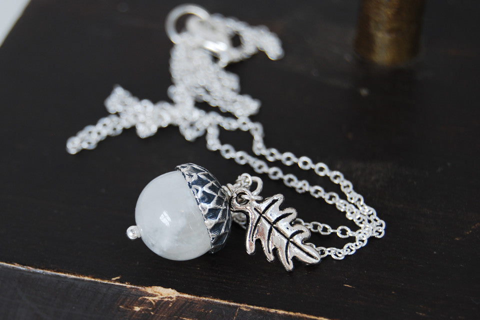 White Moonstone and Silver Acorn Necklace - Enchanted Leaves - Nature Jewelry - Unique Handmade Gifts