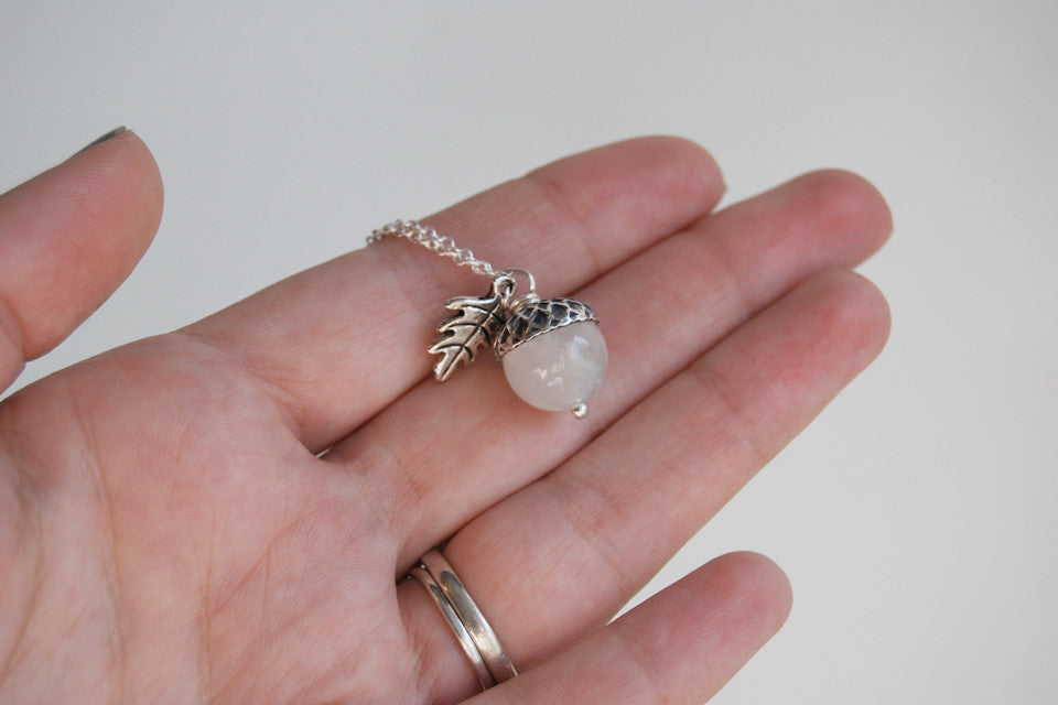 White Moonstone and Silver Acorn Necklace - Enchanted Leaves - Nature Jewelry - Unique Handmade Gifts