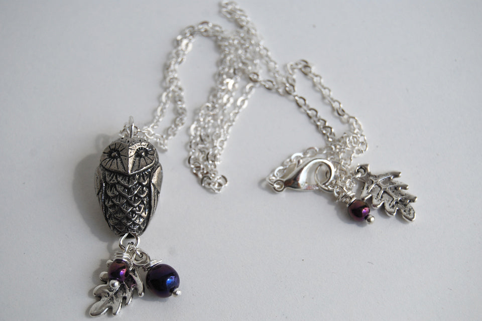 Silver Woodland Owl Necklace | Owl Charm Necklace | Forest Jewelry - Enchanted Leaves - Nature Jewelry - Unique Handmade Gifts