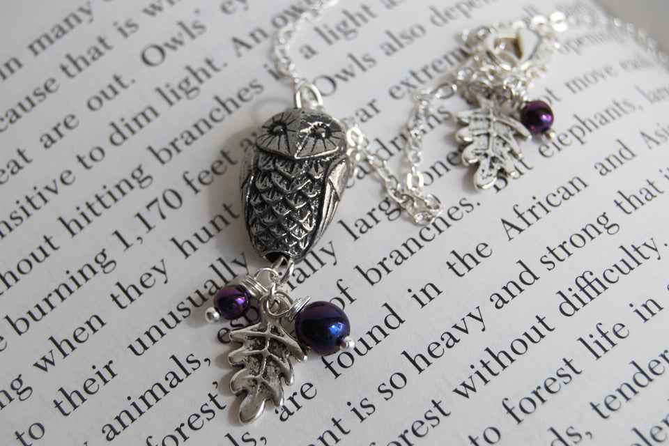 Silver Woodland Owl Necklace | Owl Charm Necklace | Forest Jewelry - Enchanted Leaves - Nature Jewelry - Unique Handmade Gifts