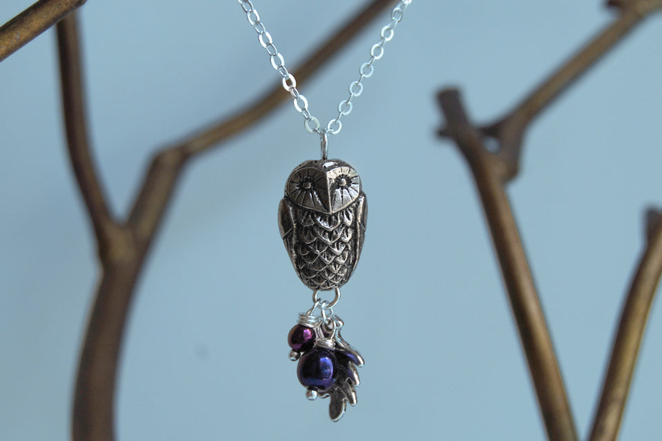 Silver Woodland Owl Necklace | Owl Charm Necklace | Forest Jewelry - Enchanted Leaves - Nature Jewelry - Unique Handmade Gifts