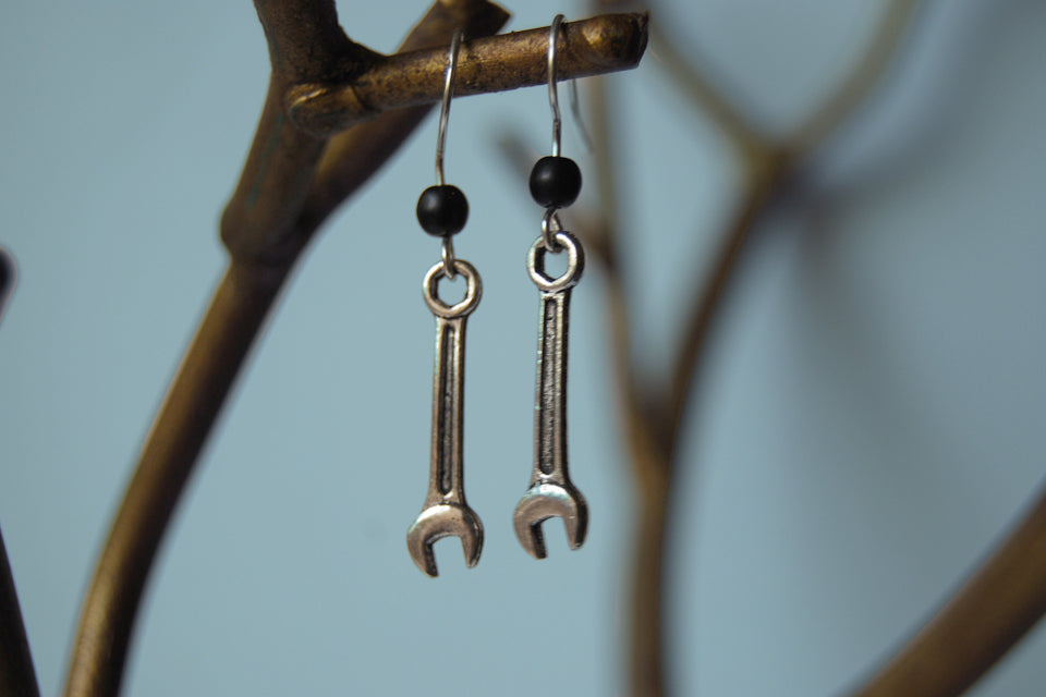 Tiny Silver Wrench Earrings - Enchanted Leaves - Nature Jewelry - Unique Handmade Gifts