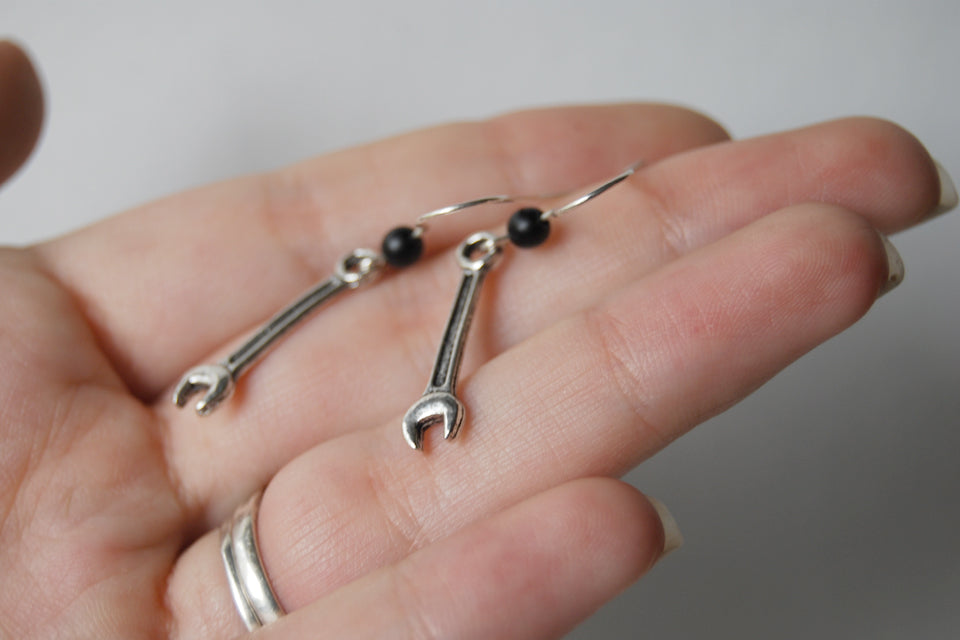 Tiny Silver Wrench Earrings - Enchanted Leaves - Nature Jewelry - Unique Handmade Gifts