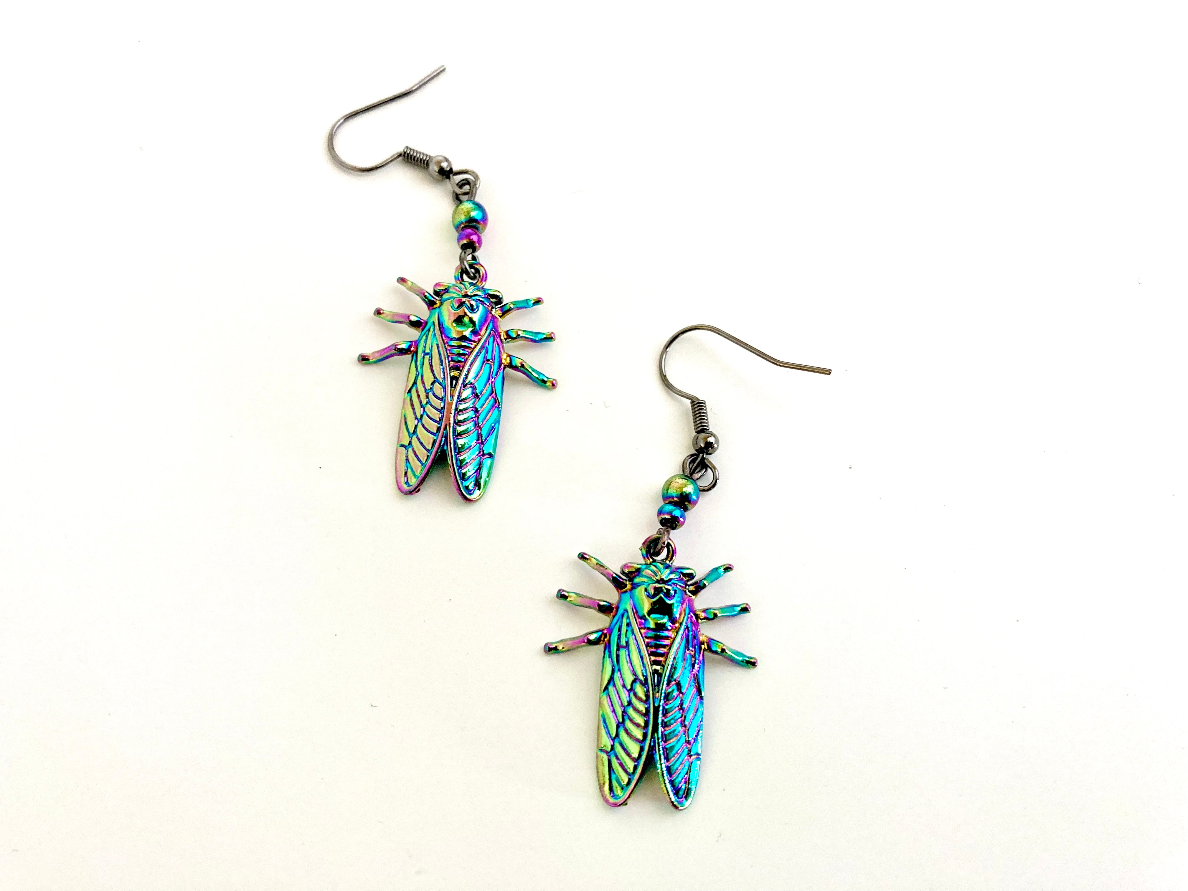 Cicada Earrings | Iridescent Rainbow Cicada Insect Charm Earrings | Forest Jewelry