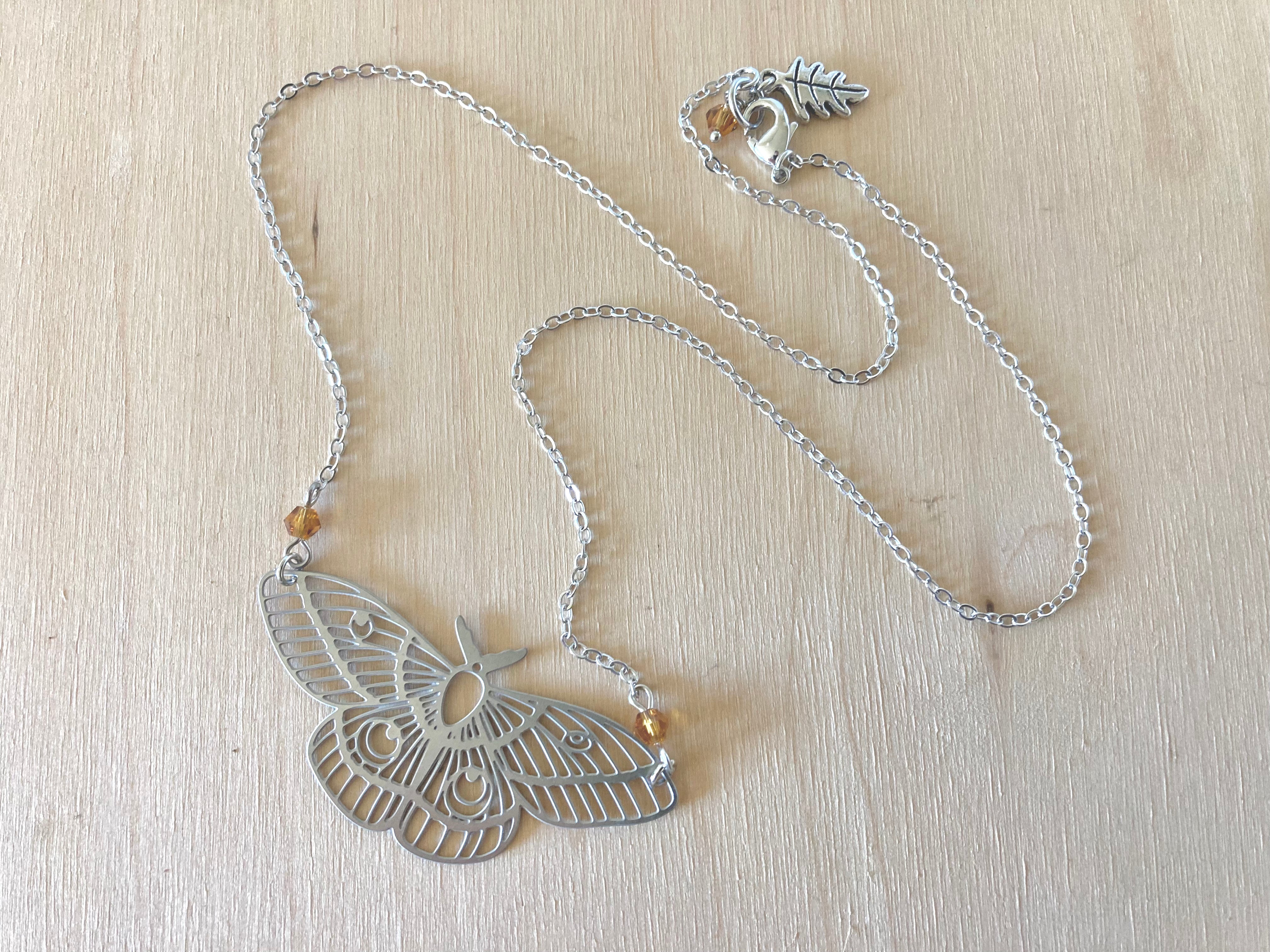 Large Moth Necklace | Dark Silver Polyphemus Moth Necklace | Cottagecore Statement Jewelry