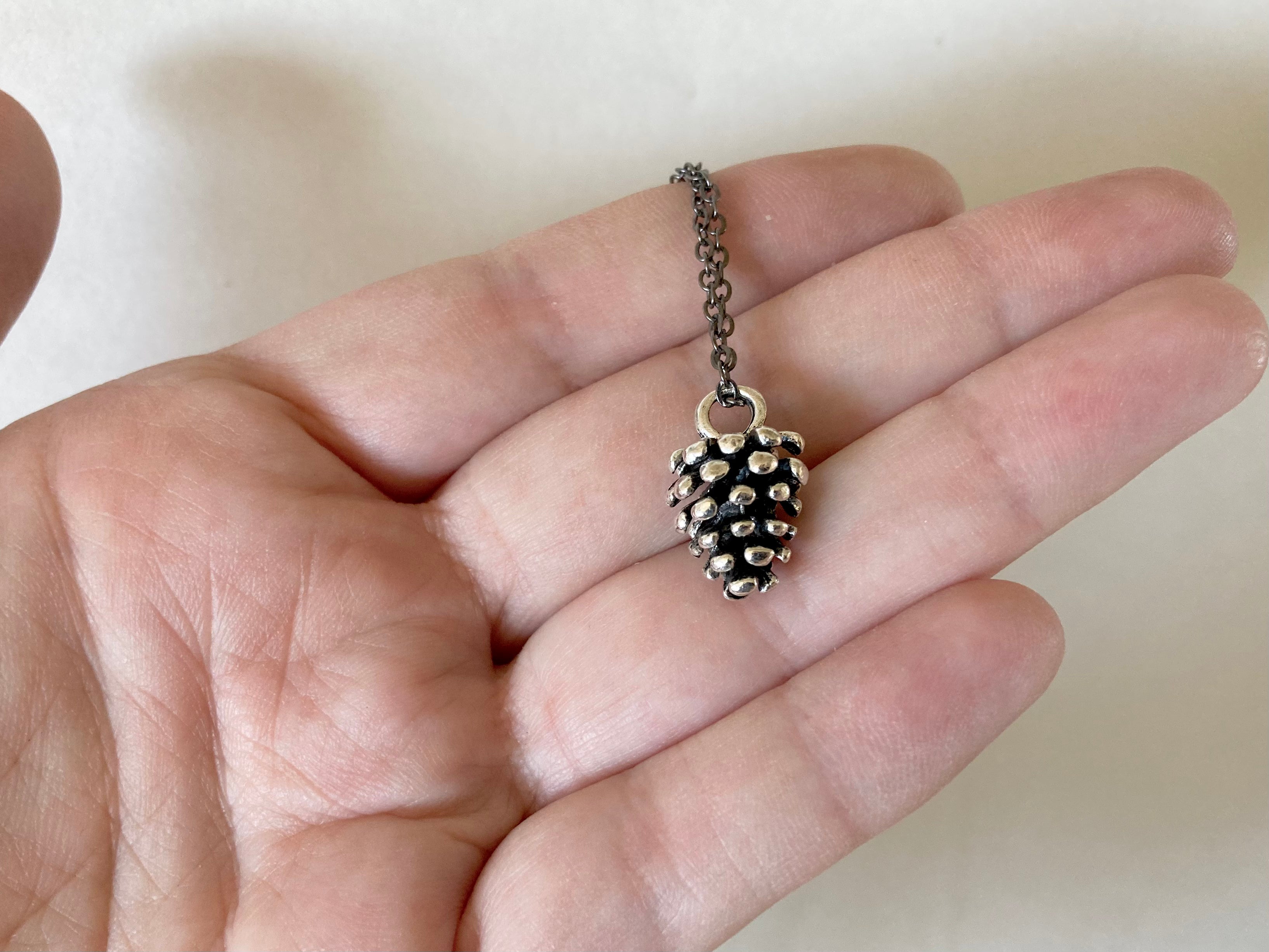 Wild Forest Pinecone Necklace with Long Beaded Chain | Silver Fall Pine Cone Charm Jewelry | Winter Holiday Pendant Gift