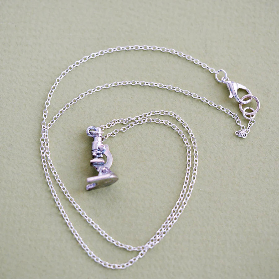 Tiny Silver Laboratory Microscope Necklace | Highly Detailed Science Charm Jewelry
