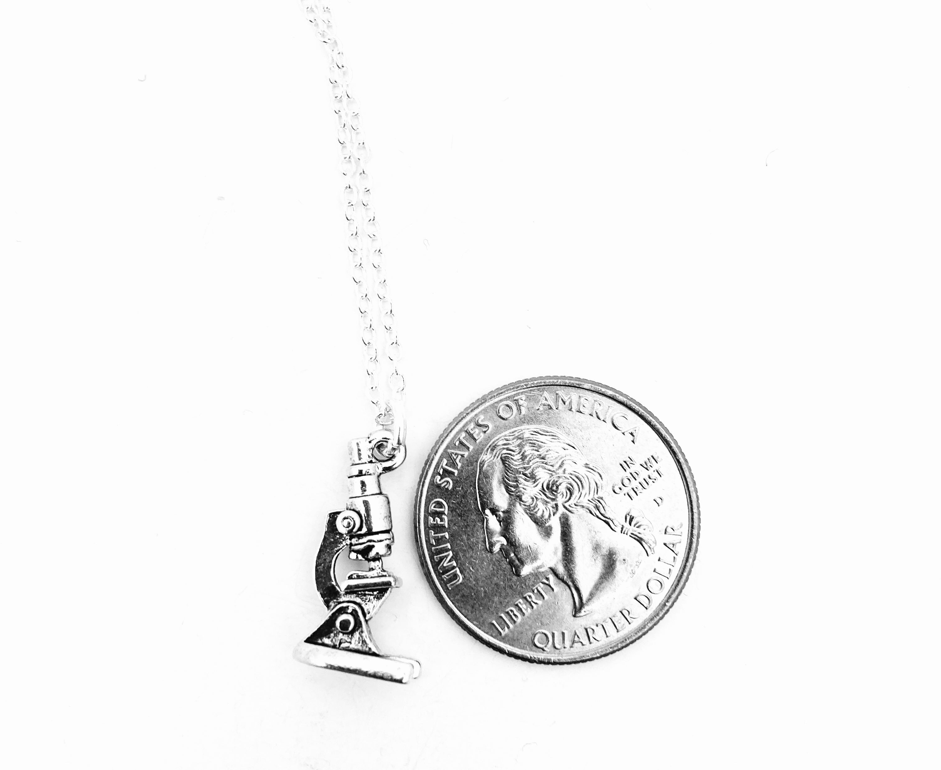 Tiny Silver Laboratory Microscope Necklace | Highly Detailed Science Charm Jewelry