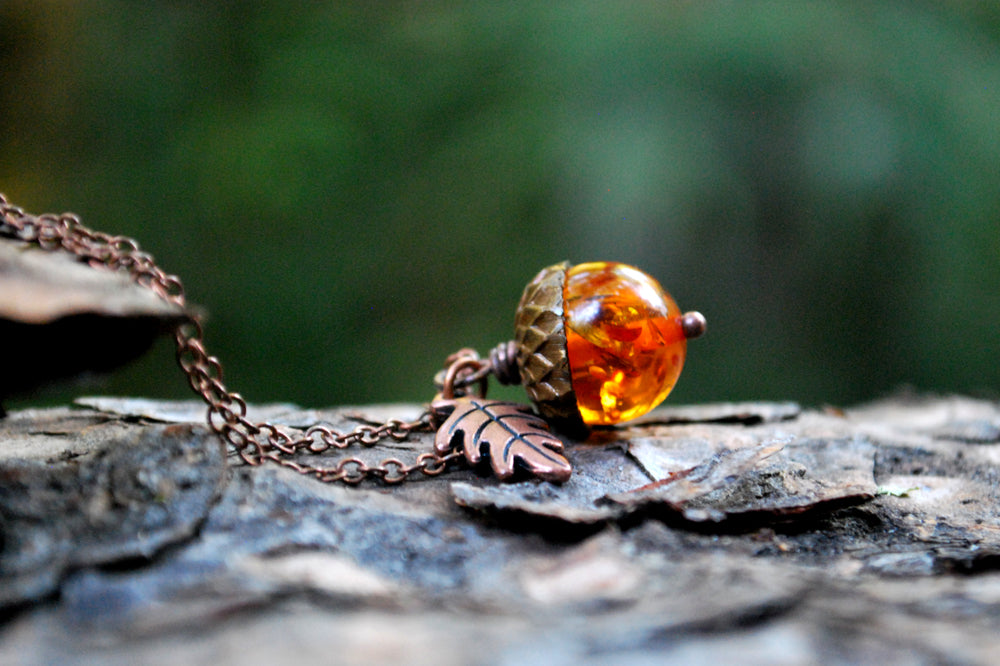 Amber and Copper Acorn Necklace | Nature Jewelry | Fall Acorn Charm Necklace | Lucite Amber Pendant