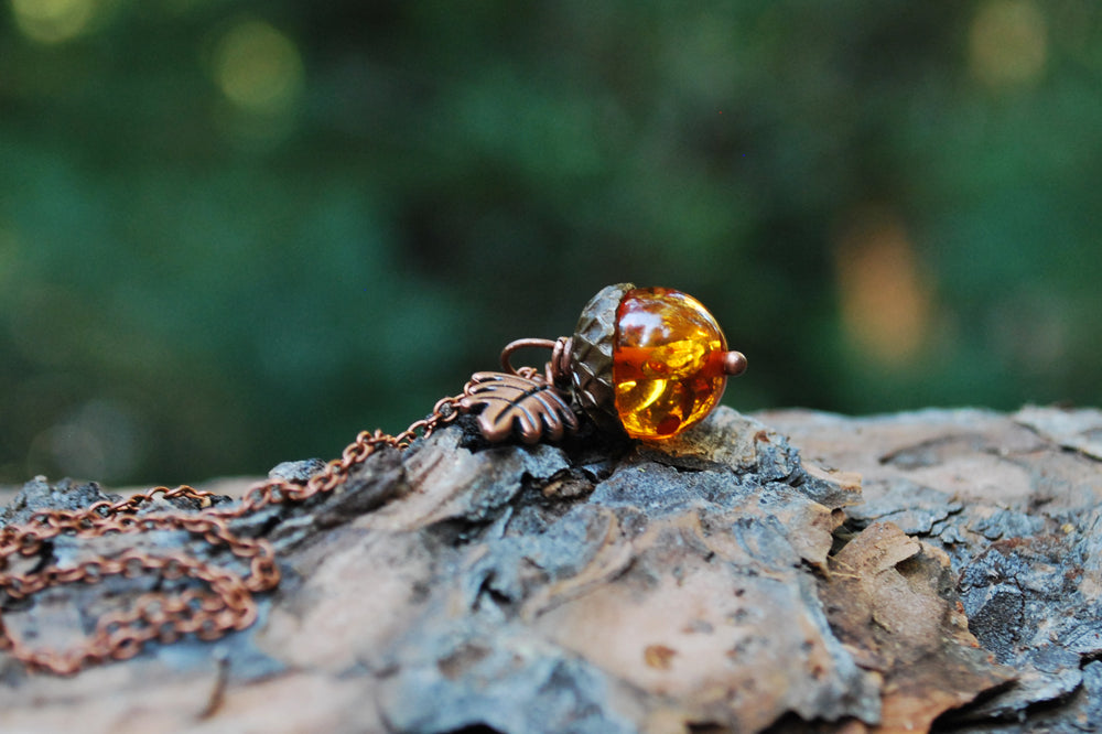 Amber and Copper Acorn Necklace | Nature Jewelry | Fall Acorn Charm Necklace | Lucite Amber Pendant