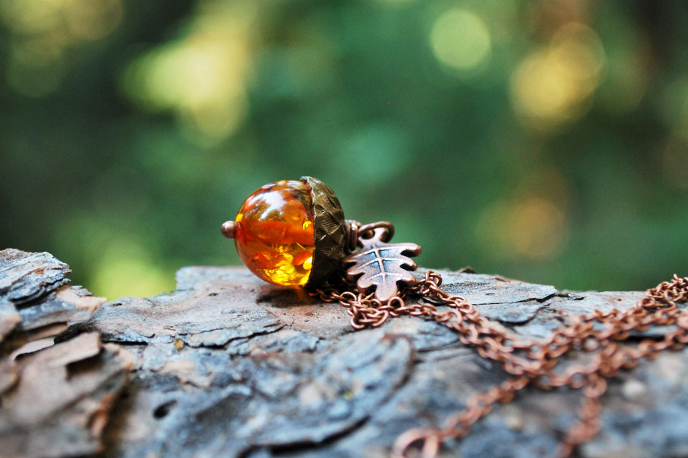 Amber and Copper Acorn Necklace | Nature Jewelry | Fall Acorn Charm Necklace | Lucite Amber Pendant