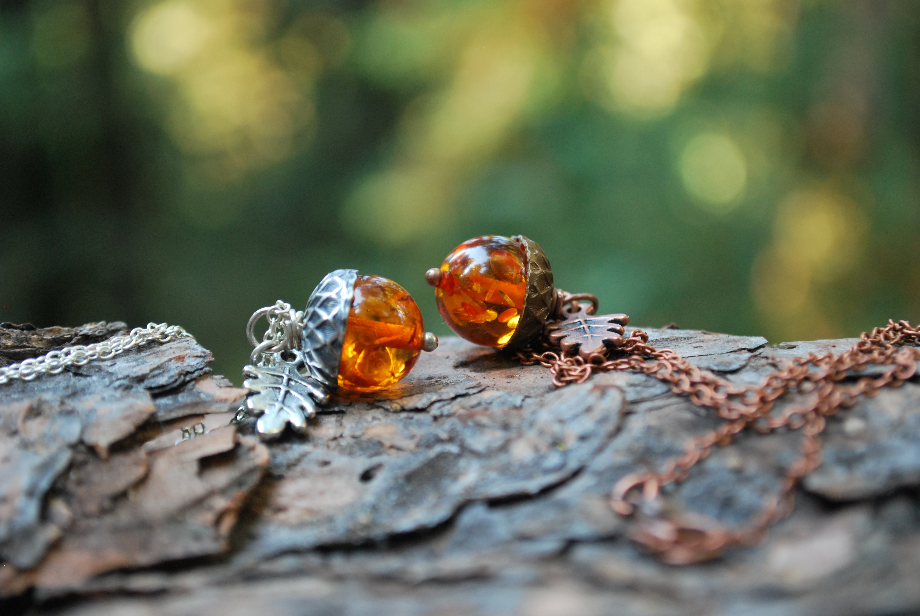 Amber and Silver Acorn Necklace | Nature Jewelry | Fall Acorn Charm Necklace