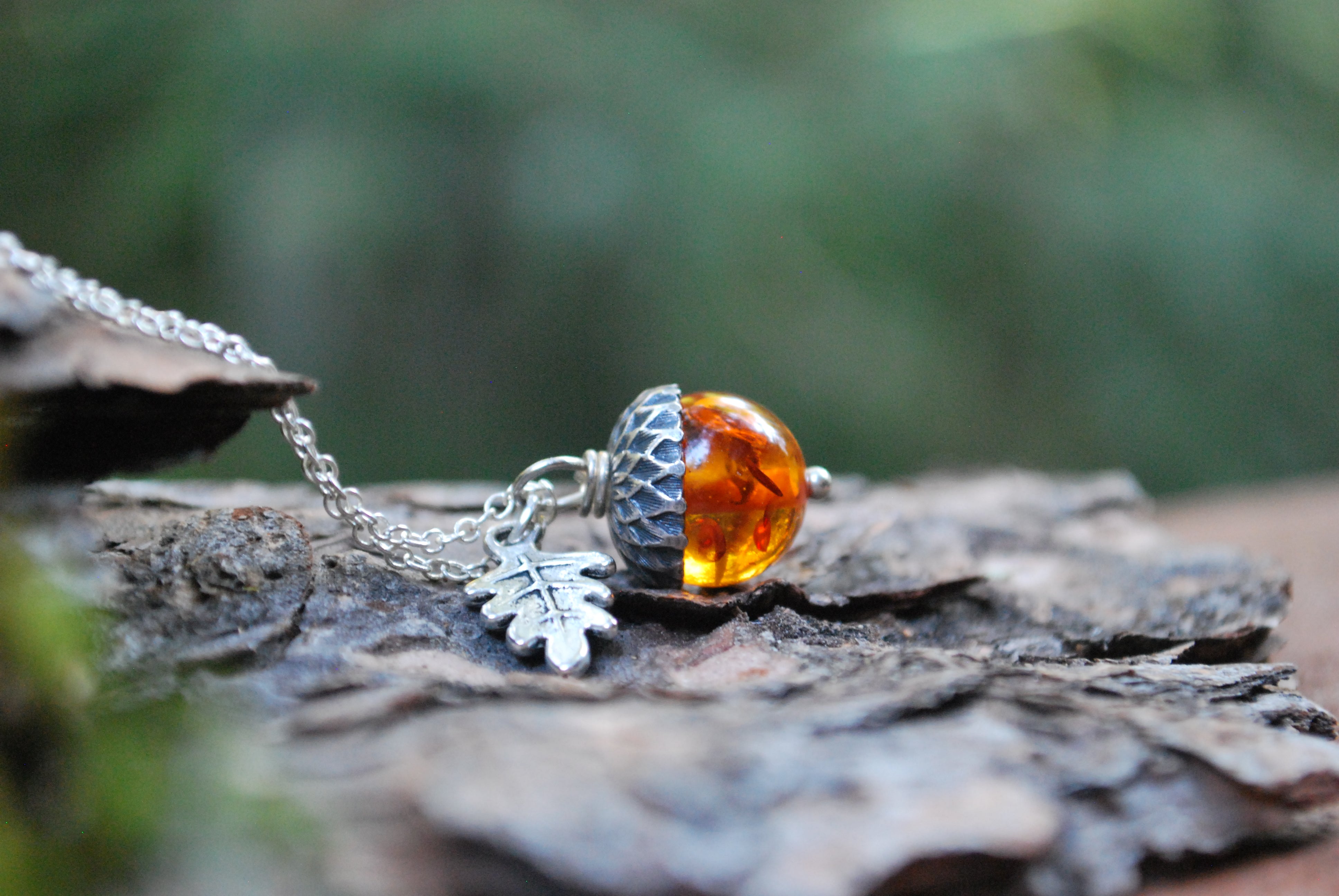 Amber and Silver Acorn Necklace | Nature Jewelry | Fall Acorn Charm Necklace