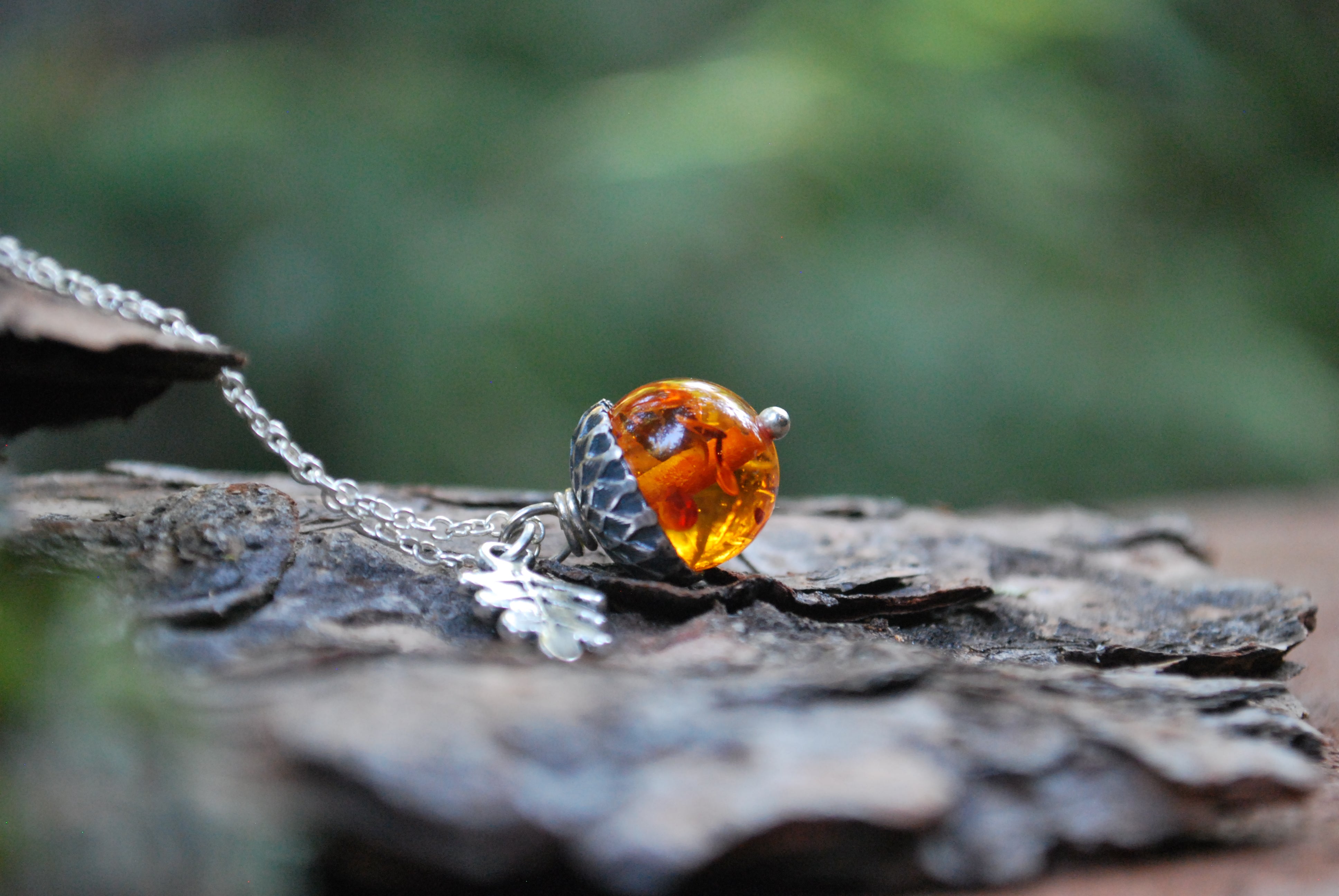 Amber and Silver Acorn Necklace | Nature Jewelry | Fall Acorn Charm Necklace