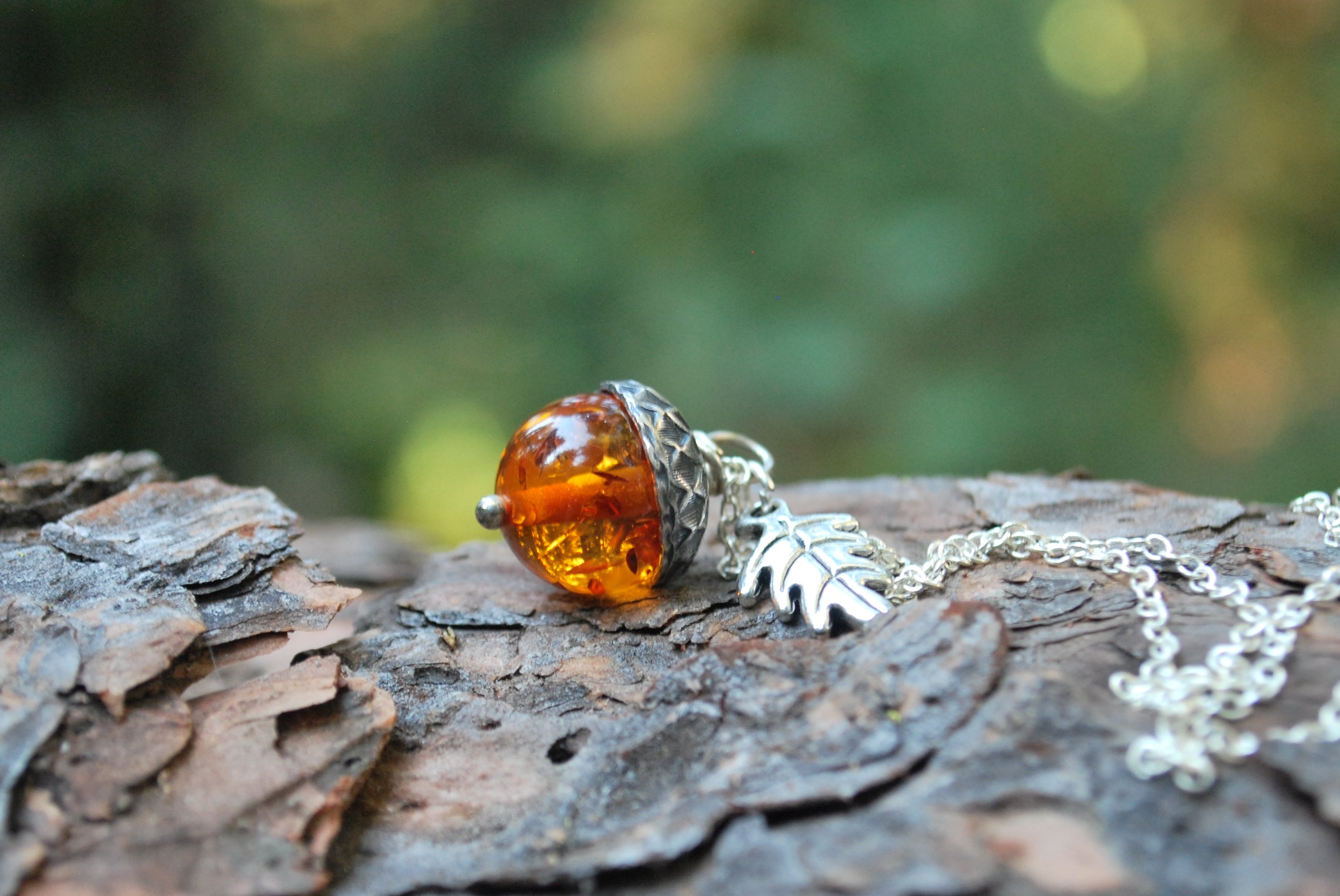 Amber and Silver Acorn Necklace | Nature Jewelry | Fall Acorn Charm Necklace