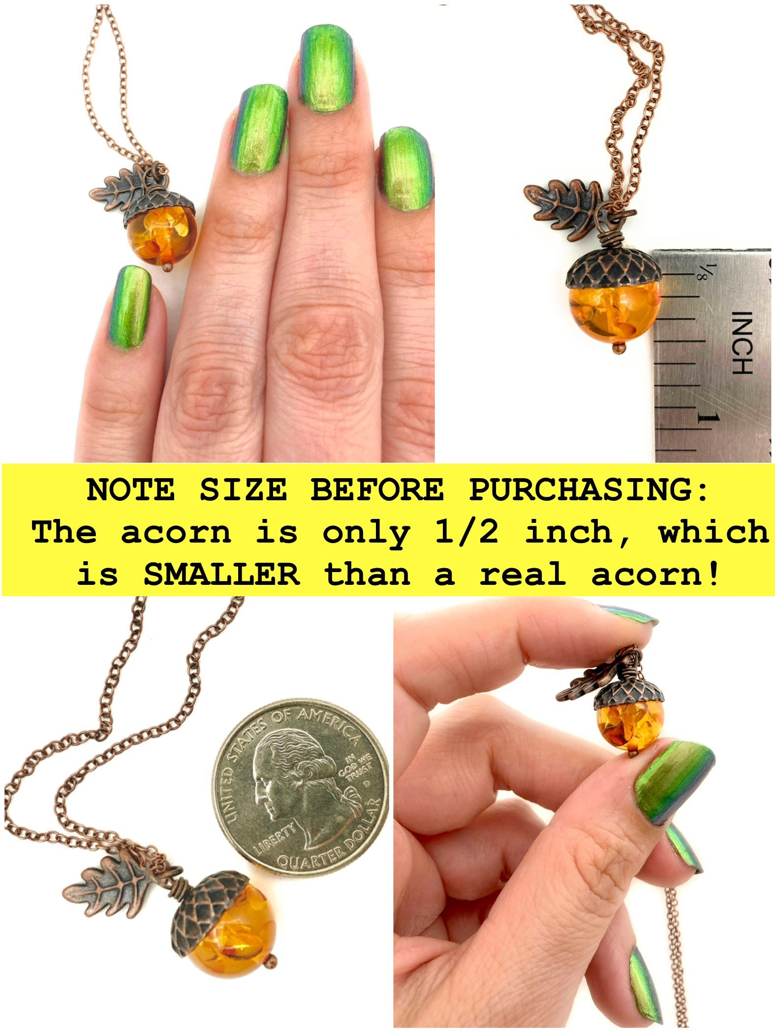 Amber and Copper Acorn Necklace | Nature Jewelry | Fall Acorn Charm Necklace | Lucite Amber Pendant