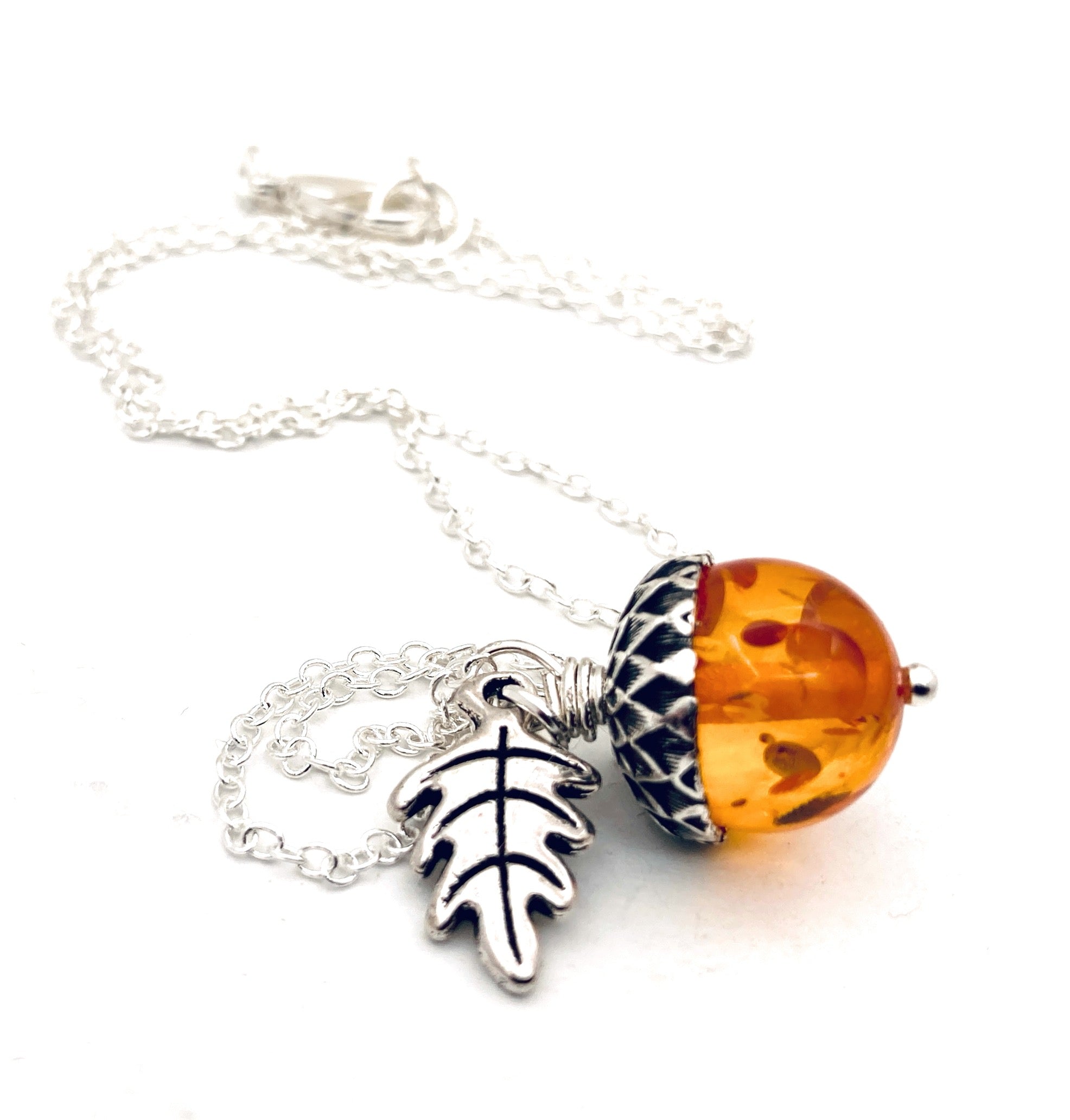 Amber and Silver Acorn Necklace | Nature Jewelry | Fall Acorn Charm Necklace