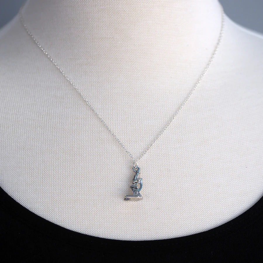 Tiny Silver Laboratory Microscope Necklace | Highly Detailed Science Charm Jewelry