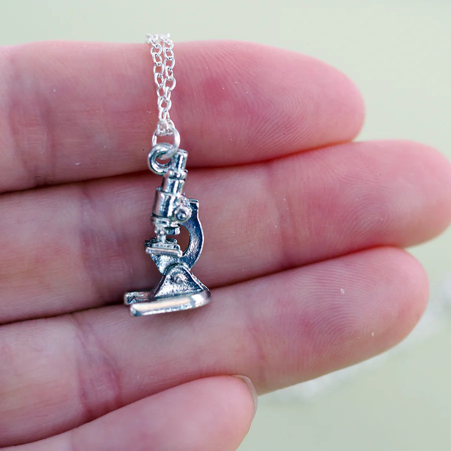 Tiny Silver Laboratory Microscope Necklace | Highly Detailed Science Charm Jewelry